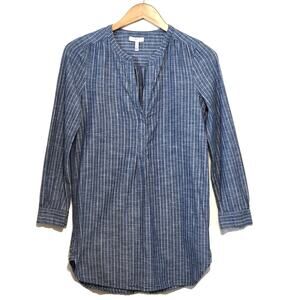 Joie Blue and White Stripe Tunic Mini Dress V Neck Long Sleeve Chambray Size XS